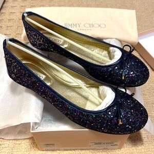 IN BOX : WORN ONCE Jimmy Choo Walsh Glitter Ballet Flat Petrol , EU 40 (US 9)